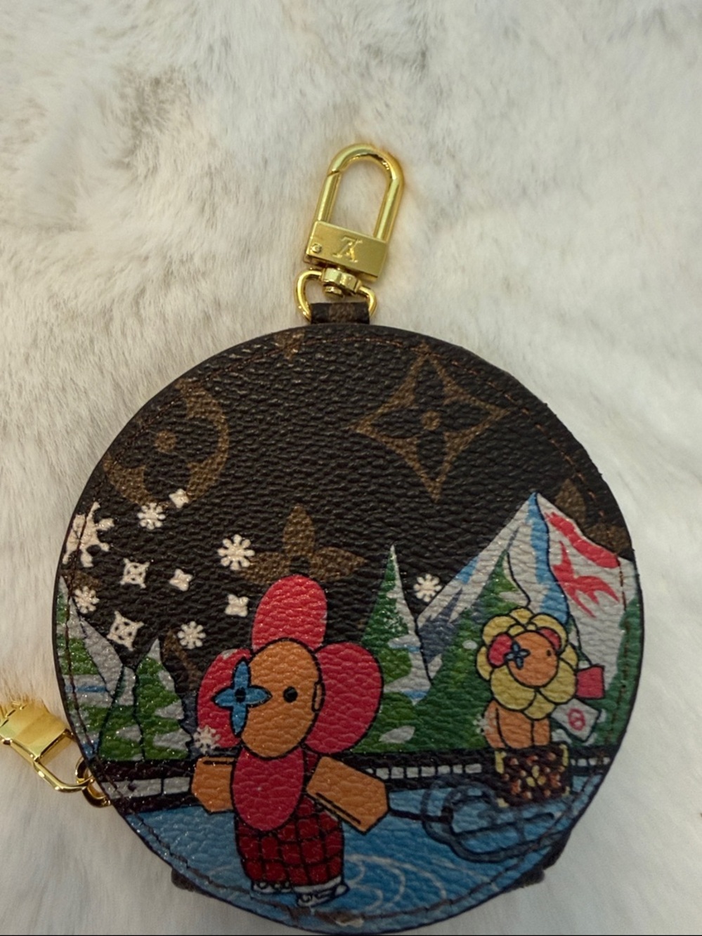 Source Unknown Brown Monogram Round Bag Charm w/ Colorful Flower Winter Scene